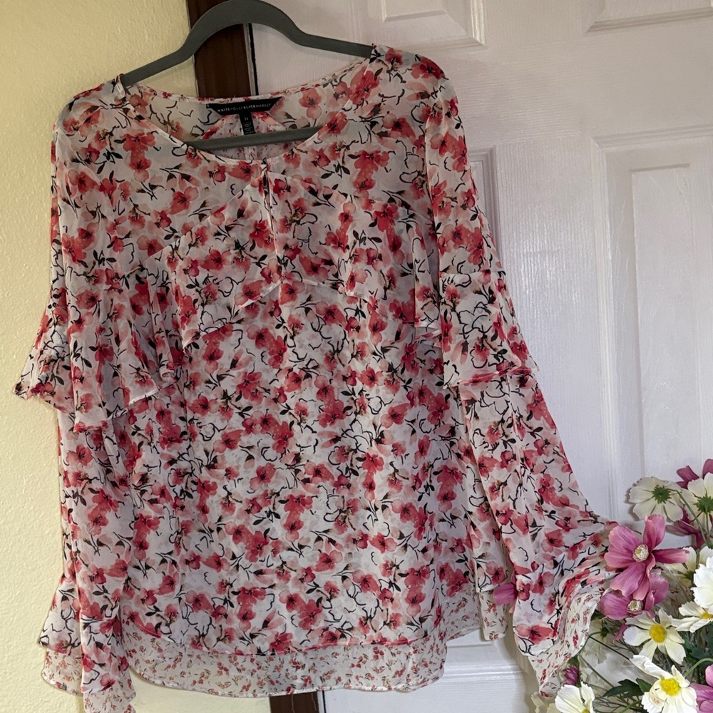 White House Black Market Pink Floral Sheer Ruffle Blouse - Picture 1 of 12